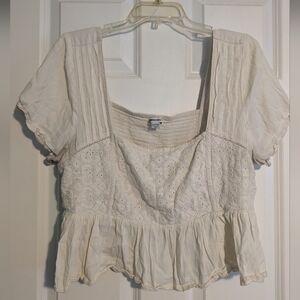 American Eagle Outfitters Cream Eyelet Square-Neck Peasant Top